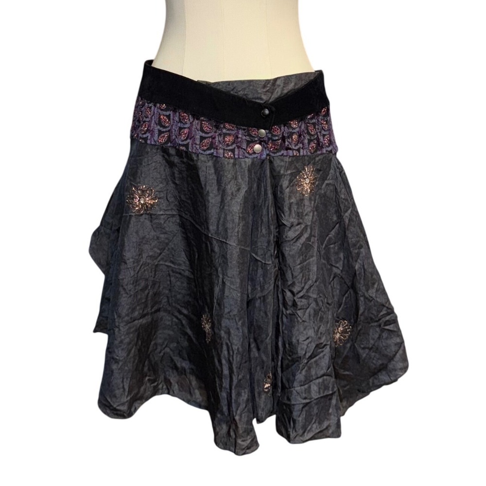 Cusco Barcelona Vtg Silk Blend Velvet Embroidered Floral Skirt 38 Y2K Boho Fairy